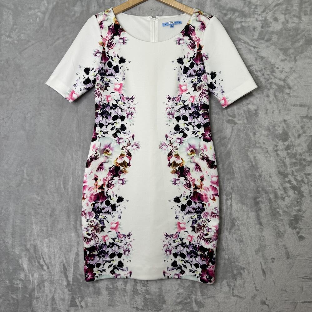 Antonio Melani Dress Womens 4 White Sheath Short Sleeve Fitted Elegant Floral